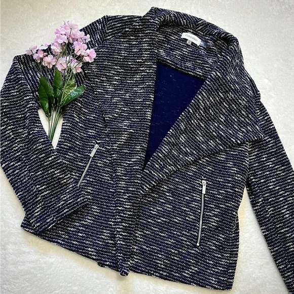 Calvin Klein Navy Tweed Moto Blazer Jacket - Small - Picture 1 of 7